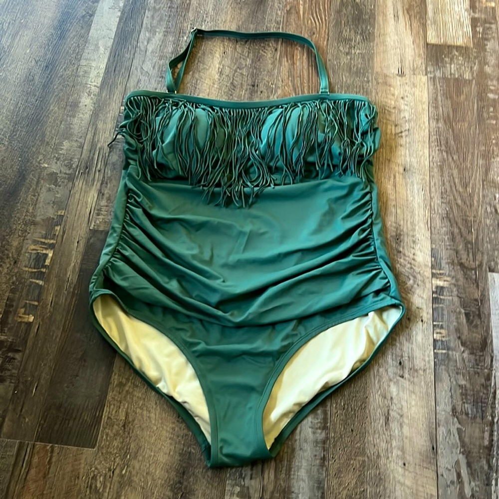Plus size army green bandeau swimsuit w/ fringe.
